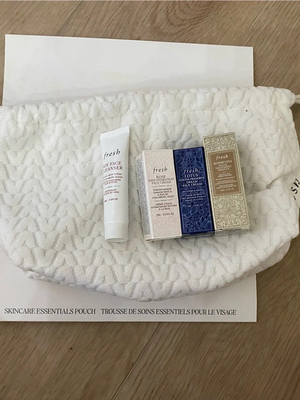 fresh skincare set with white quilted pouch